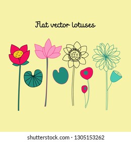 Lotus plants hand drawn color vector illustration. Flowers cartoon flat illustrations. Lotuses sketch clipart. Outdoor plants doodle background fill