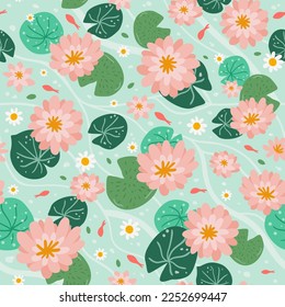 Lotus pond with koi fish seamless pattern. Asian water lily flowers, leaves, fish repeat background. Pink japanese lotus flowers on the surface of river wallpaper.Chinese floral vector illustration.