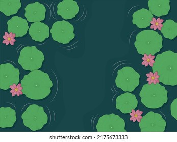 Lotus pond with leaves and pink flowers view from top vector illustration