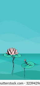 Lotus in a pond. Outline vector drawing of lotus floating on the lake surface with view of underwater part.