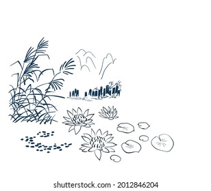 lotus pond sketch vector japanese chinese design isolated