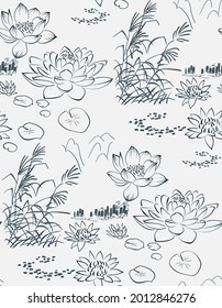 lotus pond sketch vector japanese chinese design seamless