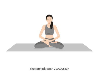 Lotus Pose. Beautiful girl practice Padmasanaa. Young attractive woman practicing yoga exercise. working out, black wearing sportswear, grey pants and top, indoor full length, calmness and relax.