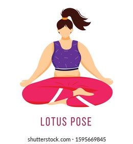 Lotus pose flat vector illustration. Padmasana. Caucausian woman in yoga posture in pink and purple sportswear. Workout. Physical exercise. Isolated cartoon character on white background