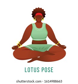 Lotus pose flat vector illustration. Padmasana. African American, dark-skinned woman performing yoga posture. Workout, fitness. Physical exercise. Isolated cartoon character on white background