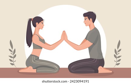 Lotus pose meditation for a couple. Young girl and young man face each other and holding hands. A minimalist image with a faceless style. Vector illustration.