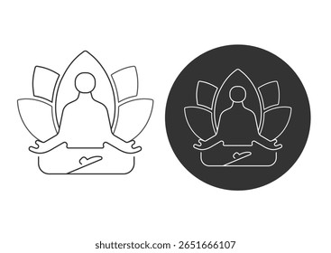 Lotus pose meditação ícone setYoga meditação linha ícones. Equilíbrio corporal, relaxamento pessoal e conjunto de meditação de energia. Harmonia da mente, meditar saúde e autoconcentrar ícones de linha. Escute, relaxe.