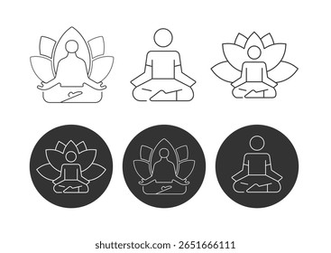 Lotus pose meditação ícone setYoga meditação linha ícones. Equilíbrio corporal, relaxamento pessoal e conjunto de meditação de energia. Harmonia da mente, meditar saúde e autoconcentrar ícones de linha. Escute, relaxe.