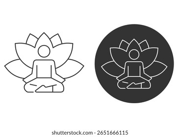 Lotus pose meditação ícone setYoga meditação linha ícones. Equilíbrio corporal, relaxamento pessoal e conjunto de meditação de energia. Harmonia da mente, meditar saúde e autoconcentrar ícones de linha. Escute, relaxe.