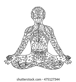Lotus Pose with mudra hands, yoga position posture, hand drawn vector, 7 chakra flower floral symbol concept