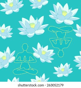 Lotus pose seamless pattern. Yoga wallpaper. Lotus and yoga pose on blue background.