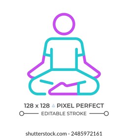 Lotus pose two color line icon. Meditation practice. Yoga posture. Cross legged person. Calmness bicolor outline symbol. Duotone linear pictogram. Isolated illustration. Editable stroke