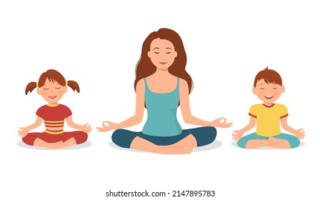 lotus pose. Vector cartoon illustrationA mother and her children are sitting in a lotus pose. Vector cartoon illustration.