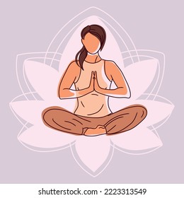 Lotus pose yoga banner.Woman sitting in lotus position meditating on the background of a flower vector illustration.Concept illustration for yoga, meditation, relaxation, healthy lifestyle.