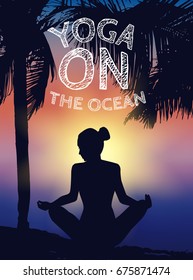 Lotus pose yoga, female silhouette. Healthy and beauty lifestyle. Hand drawn floral texture. Vector illustration EPS10