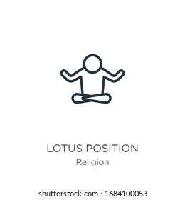 Icono de posición de Lotus. Icono de la posición lineal delgada del loto aislado en el fondo blanco de la colección religiosa. Signo vectorial de línea, símbolo para web y móvil