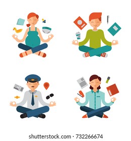 Lotus position yoga pose meditation art relax people relax isolated on white background design concept character happiness vector illustration.