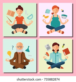 Lotus position yoga pose meditation art relax people relax cards design concept character happiness vector illustration.