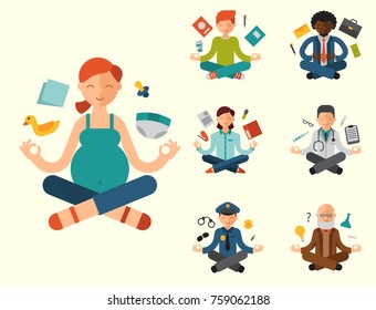 Lotus position yoga pose meditation art relax people relax isolated on white background design concept character happiness vector illustration.