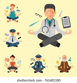 Lotus position yoga pose meditation art relax people relax isolated design concept character happiness vector illustration.