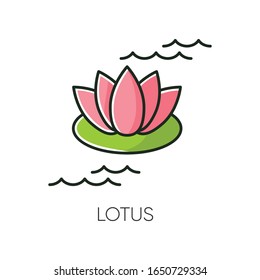 Lotus RGB color icon. Blooming lily flower. Yoga sign. Meditation and zen. Harmony, purity. Massage treatment. Floral petals. Cosmetic ingredient to heal acne. Isolated vector illustration