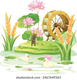 Lotus rice field farming character combination scene elements