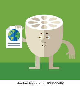 Lotus Root realiza una búsqueda global. Caricatura con cara. Ilustración vectorial de estilo plano sobre fondo verde. 