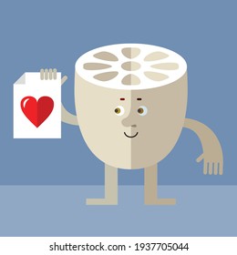 Lotus Root with heart icon. Cartoon character with face. Flat style vector illustration on gray background. 