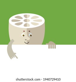 Lotus Root, der ein leeres Blatt hält. Cartoon-Charakter mit Gesicht. Flache Vektorgrafik auf grünem Hintergrund. 