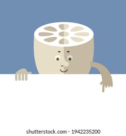 Lotus Root holding a blank sheet pointing. Cartoon character with face. Flat style vector illustration on gray background. 