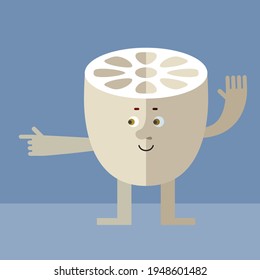 Lotus Root pointing direction. Cartoon character with face. Flat style vector illustration on gray background. 