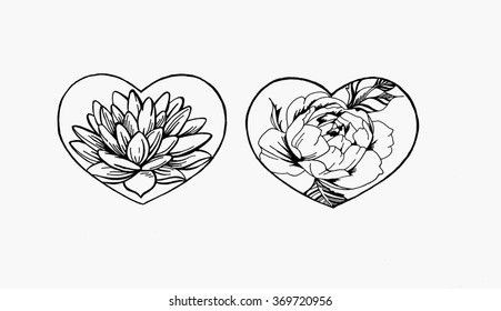 Lotus and rose flower in the shape of a heart set vector. Lotus and rose flower in the shape of a heart picture handmade. Lotus and rose flower in the shape of valentine hearts .