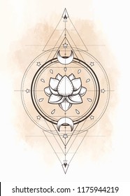 Lotus and Sacred Geometry. Ayurveda symbol of harmony and balance, and universe. Tattoo flesh design, yoga logo. Boho print, poster, t-shirt textile. Anti stress book. Isolated vector illustration.
