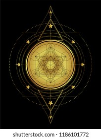 Lotus and Sacred Geometry. Ayurveda symbol of harmony and balance, and universe. Tattoo flesh design, yoga logo. Boho print, poster, t-shirt textile. Gold over black. Isolated vector illustration.