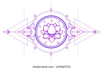 Lotus and Sacred Geometry. Ayurveda symbol of harmony and balance, and universe. Tattoo flesh design, yoga logo. Boho print, poster, t-shirt textile. Anti stress book. Isolated vector illustration.