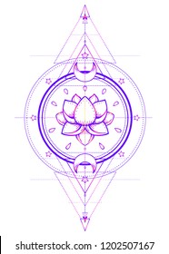 Lotus and Sacred Geometry. Ayurveda symbol of harmony and balance, and universe. Tattoo flesh design, yoga logo. Boho print, poster, t-shirt textile. Anti stress book. Isolated vector illustration.