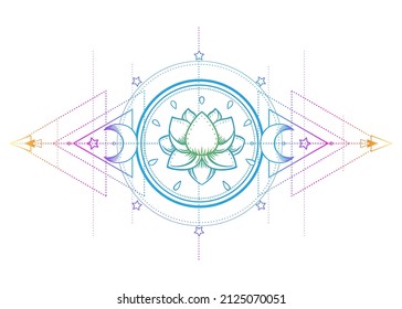 Lotus and Sacred Geometry. Ayurveda symbol of harmony and balance, and universe. Tattoo flesh design, yoga logo. Boho print, poster, t-shirt textile. Anti stress book. Isolated vector illustration.