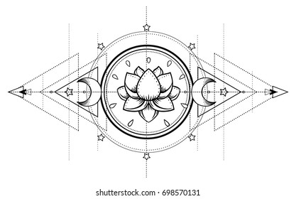 Lotus and Sacred Geometry. Ayurveda symbol of harmony and balance, and universe. Tattoo flesh design, yoga logo. Boho print, poster, t-shirt textile. Anti stress book. Isolated vector illustration. 