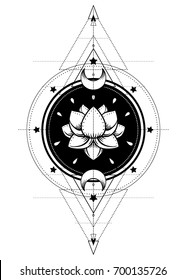 Lotus and Sacred Geometry. Ayurveda symbol of harmony and balance, and universe. Tattoo flesh design, yoga logo. Boho print, poster, t-shirt textile. Anti stress book. Isolated vector illustration. 