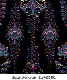 Lotus and Sacred Geometry. Seamless pattern. Unamole Hindu symbol of wisdom and path to perfection. Tattoo, yoga logo, Buddhism design, print, poster, t-shirt, textile. repeating vector illustration.