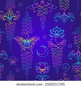 Lotus and Sacred Geometry. Seamless pattern. Unamole symbols of wisdom and path to perfection. Tattoo, yoga logo, Buddhism design, print, poster, t-shirt, textile. repeating vector illustration.