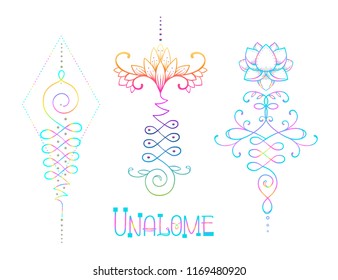 Lotus and Sacred Geometry. Unamole hindu symbol of wisdom and path to perfection. Set of tattoo flesh, yoga logo, Buddhism design. Boho print, poster, t-shirt textile. Isolated vector illustration set