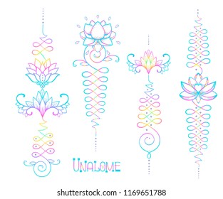 Lotus and Sacred Geometry. Unamole hindu symbol of wisdom and path to perfection. Set of tattoo flesh, yoga logo, Buddhism design. Boho print, poster, t-shirt textile. Isolated vector illustration set