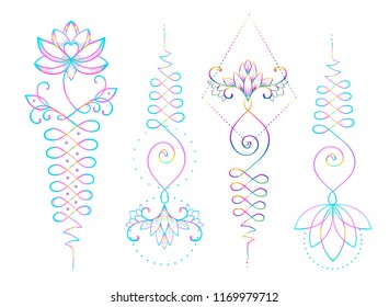Lotus and Sacred Geometry. Unamole hindu symbol of wisdom and path to perfection. Set of tattoo flesh, yoga logo, Buddhism design. Boho print, poster, t-shirt textile. Isolated vector illustration set