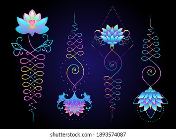 Lotus und Heilige Geometrie. Unamole Hinterbein Symbol der Weisheit und Weg zur Perfektion. Set von Tattoo Fleisch, Yoga-Logo. Boho orientalische Druck, Poster, T-Shirt-Textilien. Farbige Regenbogenschilder