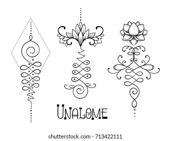Lotus and Sacred Geometry. Unamole hindu symbol of wisdom and path to perfection. Set of tattoo flesh, yoga logo, Buddhism design. Boho print, poster, t-shirt textile. Isolated vector illustration set