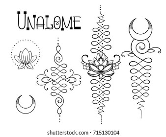 Lotus and Sacred Geometry. Unamole hindu symbol of wisdom and path to perfection. Set of tattoo flesh, yoga logo, Buddhism design. Boho print, poster, t-shirt textile. Isolated vector illustration set