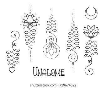 Lotus and Sacred Geometry. Unamole hindu symbol of wisdom and path to perfection. Set of tattoo flesh, yoga logo, Buddhism design. Boho print, poster, t-shirt textile. Isolated vector illustration set