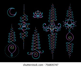 Lotus and Sacred Geometry. Unamole hindu symbol of wisdom and path to perfection. Set of tattoo flesh, yoga logo. Boho oriental print, poster, t-shirt textile. Colorful rainbow signs set