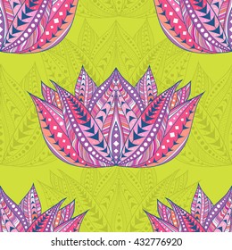Lotus seamless ethnic pattern. Tribal style. Boho background with lotus flower. Vector Illustration